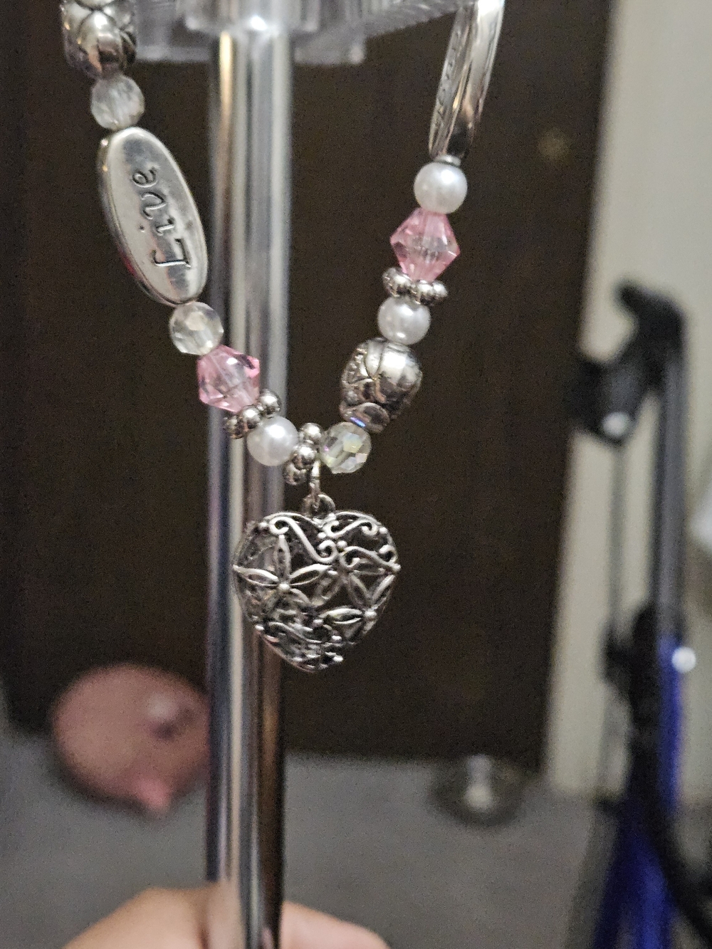 Love Heart Charm Beaded Bracelet - Pink & Silver